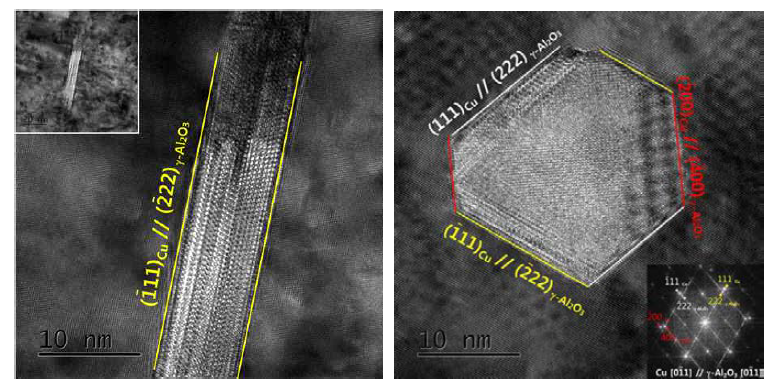 (좌) Cu-0.8Al 합금의 980℃ 2시간 내부산화 후 촬영한 알루미나의 TEM 사진, (우) Cu-0.4Al-0.4Ti 합금의 980℃ 2시간 내부산화 후 촬영한 알루미나의 TEM 사진