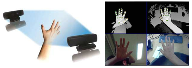 (좌) 2대의 카메라 사용 개념도 (우) 실제 취득되는 영상 및 추정되고 있는 손 자세 가시화