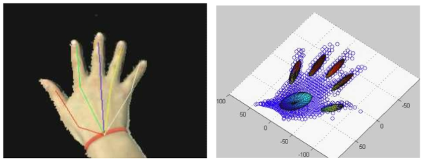 (좌) 손의 26-DoF 뼈대 추정결과 (우) 뼈대모델로부터 얻어낸 가우시안의 분포