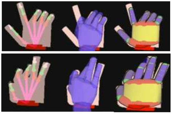 동일한 영상 시퀀스에 대해 제안방법 (좌), HSKL [10] (중앙), FORTH [33] (우) 사이의 비교평가 결과. (상) 검지를 굽혔다 펴는 동작도중, (하) 모든 손가락을 굽혔다 펴는 동작도중