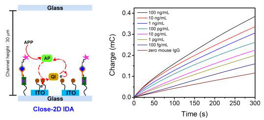 닫힌 2차원 집적화 전극에 기반을 둔 면역 센서의 개념도(좌) 및 mouse IgG 농도에 따른 시간대전하도(우)