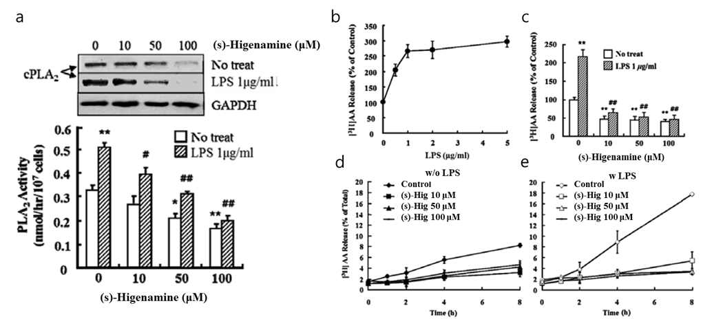 cPLA2 억제 효능을 보이는 (S)-Higenamine a. RAW 264.7 세포에 (S)-Higenamie을 농도별로 1 시간 동안 처치한 뒤, 1 μg/mL LPS를 8 시간 동안 처치하였음