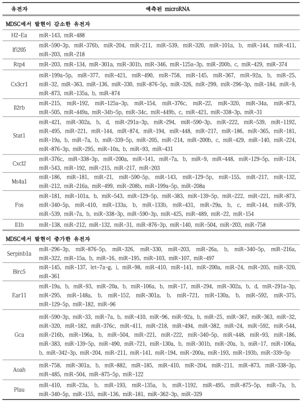 MDSC에서 증가 또는 감소한 유전자를 타켓팅 할 것으로 예측된 miRNA 목록