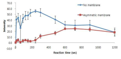 시간에 따른 멤브레인의 유무에 따른 반응 강도 비교