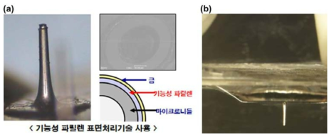 (a) 기능성 파릴렌 표면처리기술 사용함; (b) 중공형 마이크로니들을 이용하여 혈액 채취 디바이스 팁 부분에 장착함.