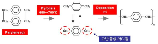 파릴렌의 구조식과 증착과정.