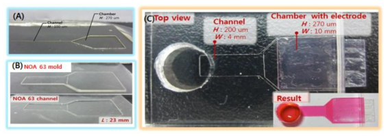 ITO 전극 장착 전 NOA 63 마이크로채널 및 ITO 전극 장착 후의 마이크로플루이딕 시스템.