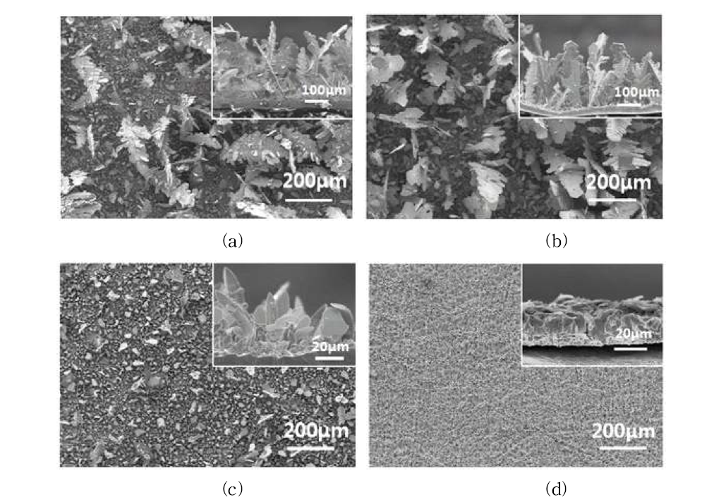 다양한 SnO 첨가제 농도 하에서 40 mA/cm2 의 전류 밀도를 인가하여 형성시킨 아연 전해 도금층의 전 자현미경 사진. (a) 0, (b) 10-4, (c) 10-3, (d) 3×10-3 M SnO