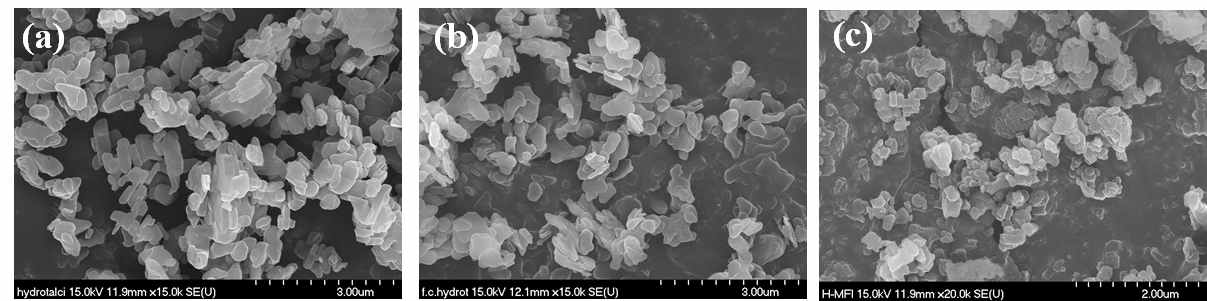 Scanning electron micrographs of (a) raw hydrotalcite, (b) flash calcined hydrotalcite, and (c) MFI zeolite