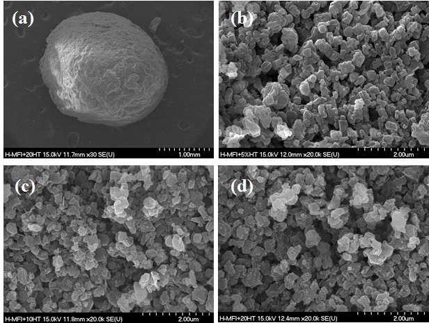 Scanning electron micrographs of the granules of (a) MFI+20%HT, (b) MFI+5%HT, (c) MFI+10%HT and (d) MFI+20%HT