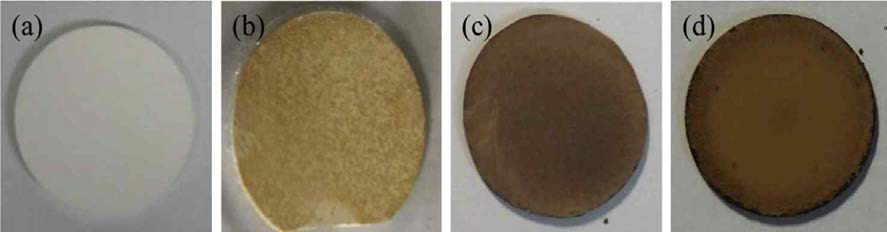 (a) 알루미나 지지체, (b) M-IRMOF-3(Mem); 250 W for 4 h, (c) S-IRMOF-3(Mem); 250W for 1 h, (d) S-IRMOF-3(Mem); 400 W for 1 h의 사진