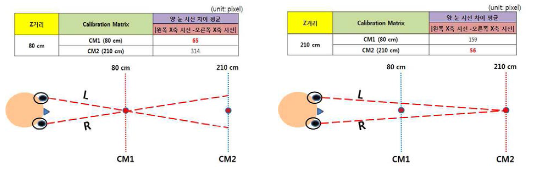 대상체(모니터)의 Z거리(80, 210cm)에 따른 사용자 양 눈 시선 차이 측정