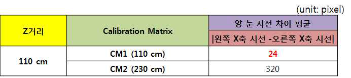 Z거리 110cm에 각 CM(110, 230cm)을 적용한 양 눈 시선 차이