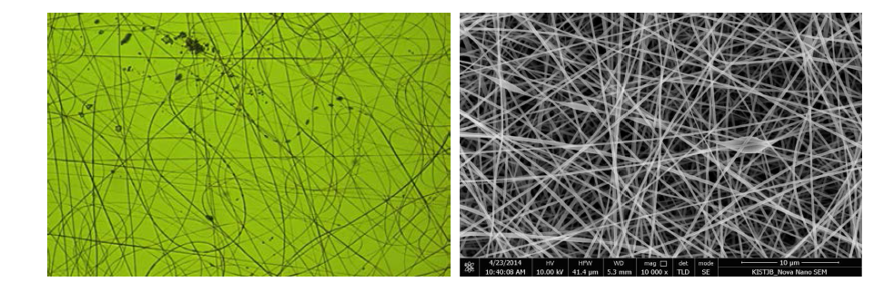 마이크로 캡슐이 포함된 초극세 나노섬유의 현미경(좌)과 SEM(우) 사진