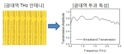 광대역 THz slot antenna 구조 사진 및 광대역 투과 특성 spectrum