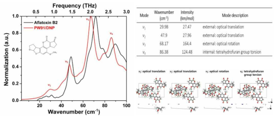 상온에서 아플라톡신 B2의 테라헤르츠 실험스펙트럼 (검정)과 계산스펙트럼 (빨강) 비교