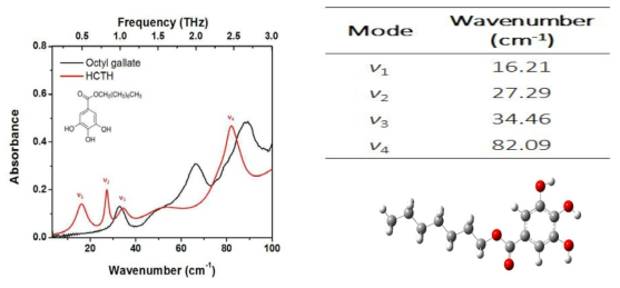 상온에서 옥틸 갈레이트의 테라헤르츠 실험스펙트럼 (검정)과 계산스펙트럼 (빨강)