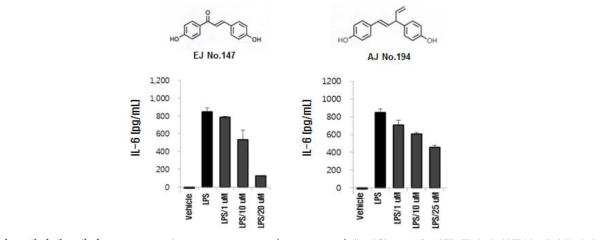 대식세포에서 EJ No.147과 cis-hinokiresinol (AJ NO. 194)에 의한 LPS에 의해 증가된 염증성 싸이토카인 IL-6의 생성 억제 효과 측정함.