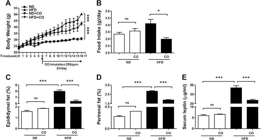 Inhaled CO reduces body weight, food intake, adipose pads, and serum leptin induced by high-fat diet (HFD)