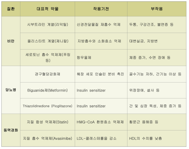 대표적 대사질환 치료제의 특징 및 부작용