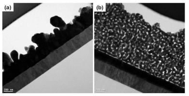 금 나노입자(a)와 다공성 금 나노구조체(b)의 TEM 사진