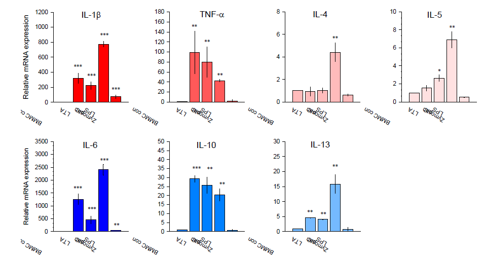 TLR ligand 자극에 의한 BMMC cytokine mRNA의 발현.