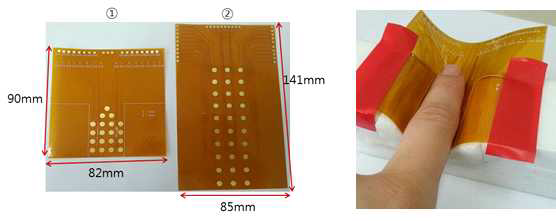 Flexible한 전극(좌)와 Flexible한 전극을 이용하여 전기자극을 하는 모습(우)