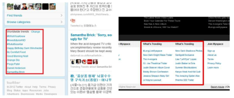 실시간 표시되는 전 세계 트위터(좌)와 마이스페이스(우)의 경향 정보