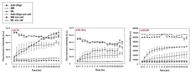 세포 내 전달된 MB 및 Lipo-MB의 시간에 따른 형광 신호 비교.
