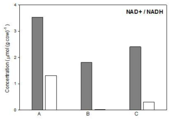 NAD+ (dark gray) and NADH (white) levels at 3 hour