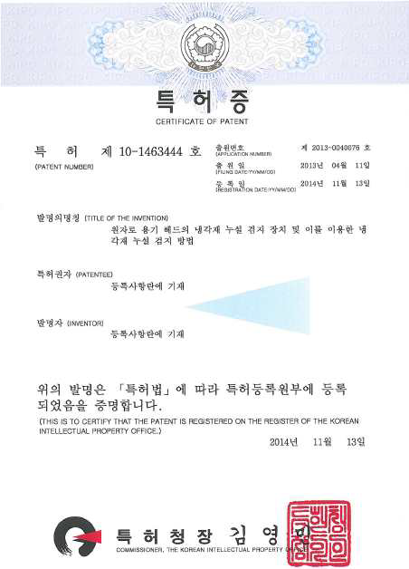 원자로 용기 헤드의 누설 검지 방법 및 장치에 관한 특허 등록증