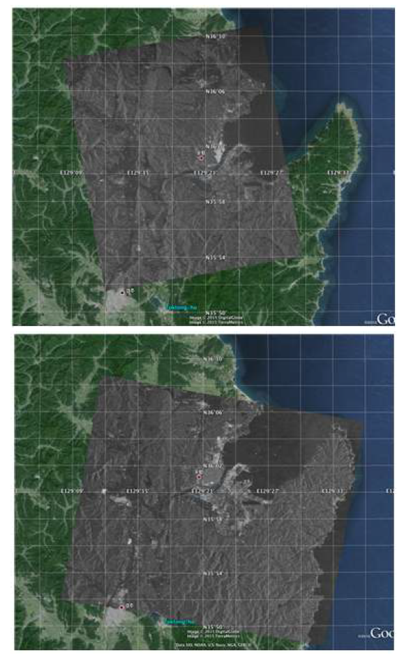 ALOS ascending track 영상(위)과 descending track 영상(아래)