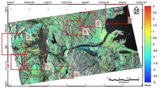 ALOS PALSAR 자료의 SqueeSAR 분석을 통해 계산된 변위맵