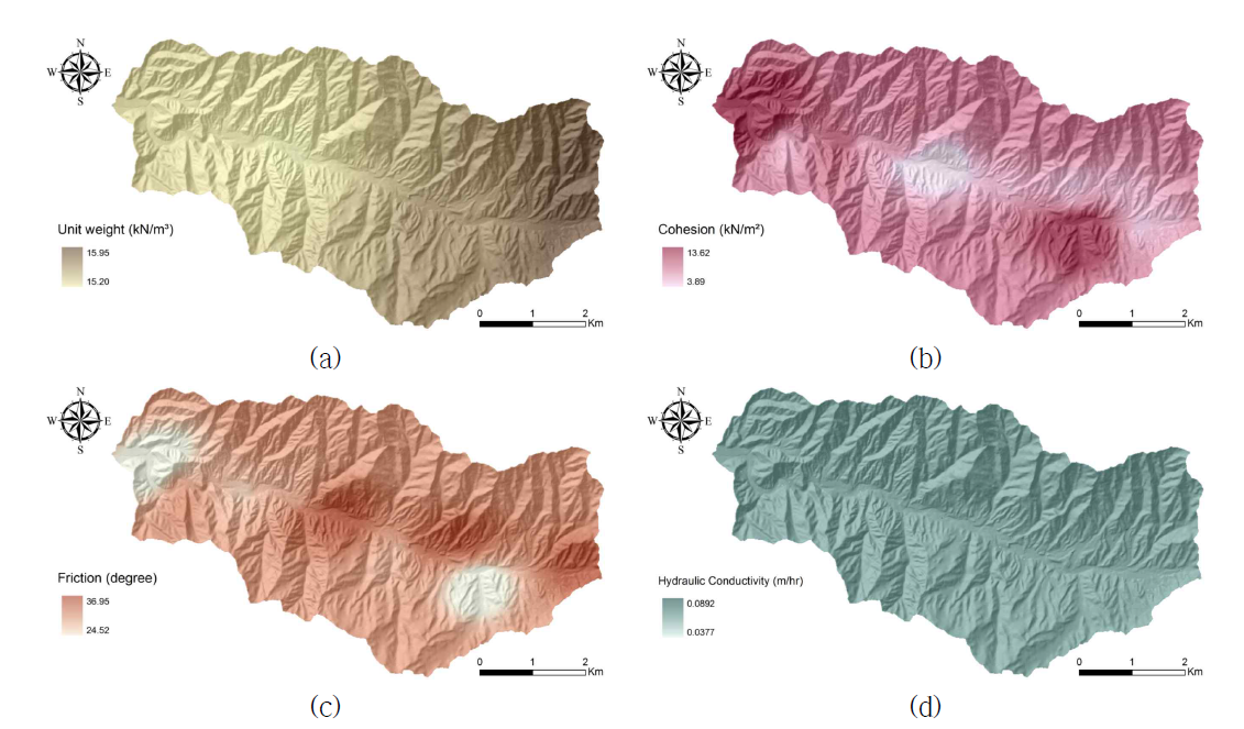 지질공학적 공간데이터 (a) 단위중량, (b) 점착력, (c) 마찰각, (d) 수리전도도