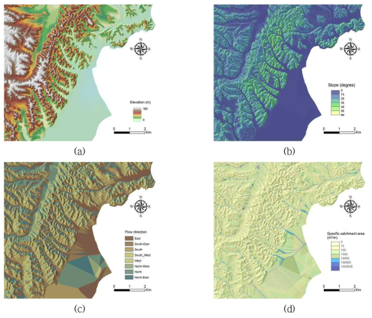 지형학적 공간데이터 (a) 사면 높이, (b) 사면 경사, (c) 흐름방향, (d) 집수면적