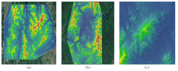 DEM 구축: (a) 용인, 광주, 이천, 여주 일대 (b) 춘천 지역 (c) 서울 우면산 지역