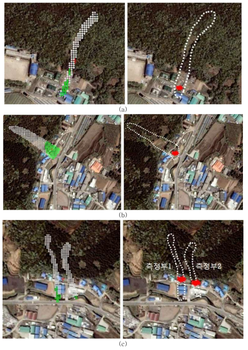 DAN3D를 이용한 토석류 유동 시뮬레이션 및 토석류 경로 (용인시 모현면 할미당산 일대) : (a) 1번 지역, (b) 2번 지역, (c) 3번 지역