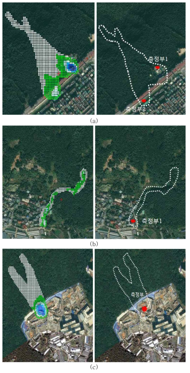 DAN3D를 이용한 토석류 유동 시뮬레이션 및 토석류 경로 (서울 구룡산 일대) : (a) 1번 지역, (b) 2번 지역, (c) 3번 지역