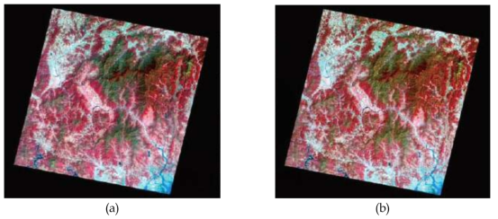 ASTER images (a) Crosstalk 보정, (b) 대기보정