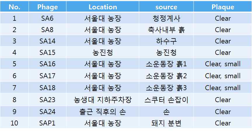 Staph. aureus를 감염시키는 박테리오페이지 목록