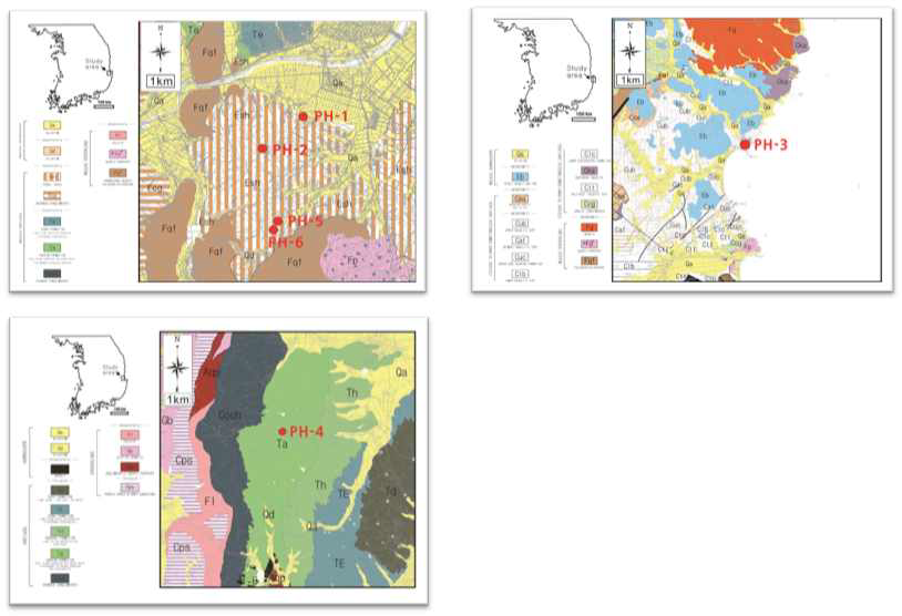퇴적암(포항) 지역의 지질도 및 현장조사 지점
