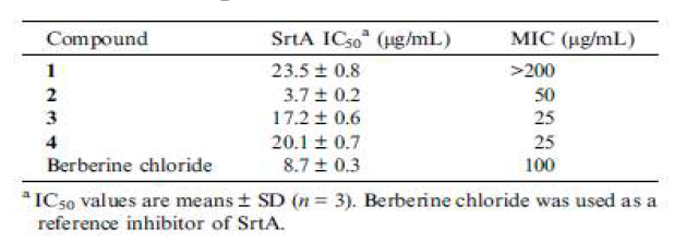 Inhibitory effects of aaptamines on the activity of SrtA enzyme and bacterial growth of S. aureus strain Newman.