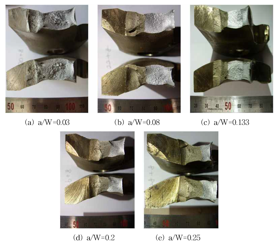 Fractured ESG specimens after fracture resistance tests according to a/W