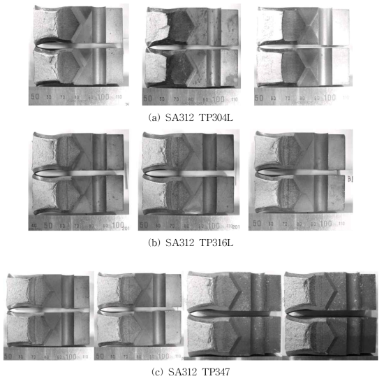 Fractured CT specimens after fracture toughness tests (a) SA312 TP304L, (b) SA312 TP316L, (c) SA312 TP347