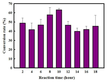 산성 촉매와 이온성 액체를 이용한 직접전환 효율의 시간대별 비교