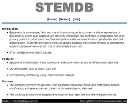 STEMDB (STem cell Epigenome Map DataBase)를 구축하여 인간 줄기세포 3종과 이로부터 분화된 세포 3종류에 대해서 유전 자 발현량