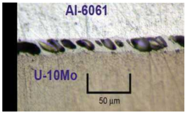 Micrographs illustrating interaction layer formation leading to delamination at the interface of the fuel foil and the cladding.