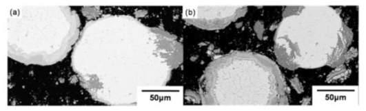 Cross-sectional SEM microstructures of silicide coated particle dispersion samples annealed at 580℃ for 1 hour: (a) U-7Mo and (b) U-7Mo-1Ti particles.