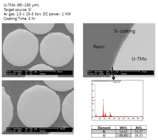Si coated 핵연료 분말 단면 및 코팅층 분석결과