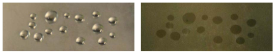 반투명 유리면(Ra: 0.14 μm)에 대한 물방울 직접촬영 영상(좌) 및 전반사 영상(우)
